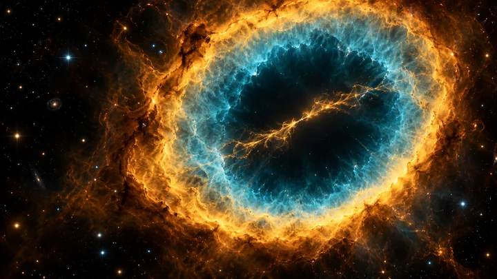 Ilustrace k článku: Prstencovou mlhovinou prochází železná příčka. Zůstala po planetě?