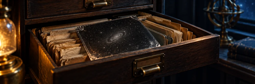 Tematická ilustrace (AI): Archivní složky a původní astronomická fotografická deska