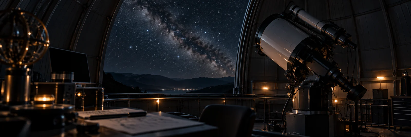 Dalekohled v otevřené observatoři namířený k noční hvězdné obloze.